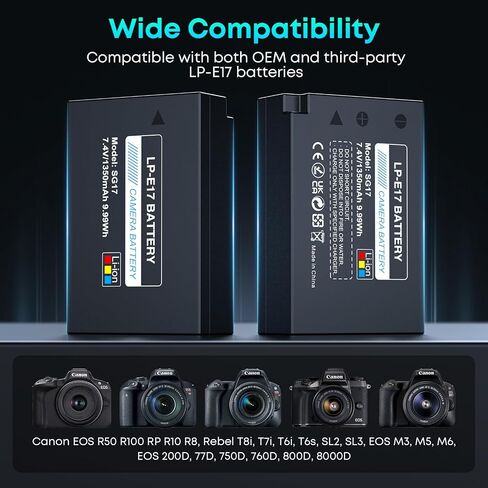 LP-E17 Battery 1350mAh (2-Pack) with PD 20W USB Fast Charger & LED Display, Set for Canon R50 R100 RP R10 R8, Rebel T8i T7i T6i T6s SL2 SL3, M3 M5 M6 II, 77D 200D 750D 760D 800D 8000D in Kuwait