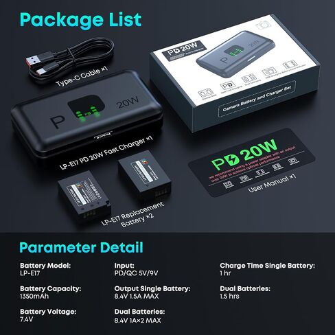 LP-E17 Battery 1350mAh (2-Pack) with PD 20W USB Fast Charger & LED Display, Set for Canon R50 R100 RP R10 R8, Rebel T8i T7i T6i T6s SL2 SL3, M3 M5 M6 II, 77D 200D 750D 760D 800D 8000D in Kuwait