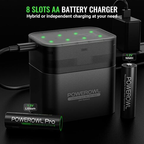 POWEROWL Rechargeable Lithium AA Batteries 8 Pack with Charger, 1.5V 3600mWh Double A Battery with Li-ion/NiMH Charger Storage Box for Camera, Game Controller in Kuwait
