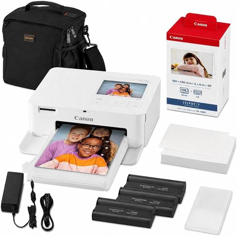 Canon SELPHY CP1500 Wireless Printer with KP-108IN Ink, Paper & Bag (White) | Complete Photo Printing Bundle with, Shoulder, Power Adapter, Cassette and AC Cable in Kuwait