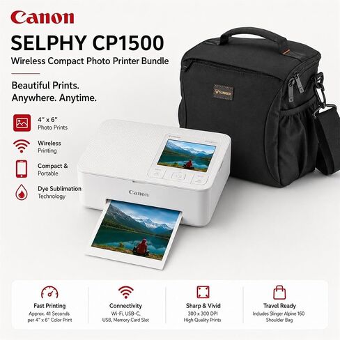 Canon SELPHY CP1500 Wireless Printer with KP-108IN Ink, Paper & Bag (White) | Complete Photo Printing Bundle with, Shoulder, Power Adapter, Cassette and AC Cable in Kuwait
