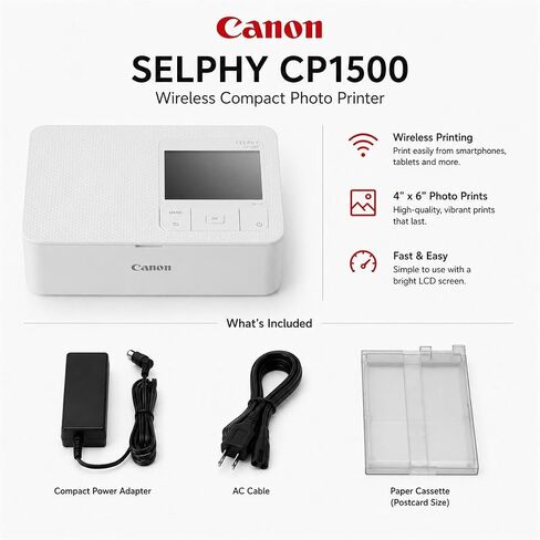 Canon SELPHY CP1500 Wireless Printer with KP-108IN Ink, Paper & Bag (White) | Complete Photo Printing Bundle with, Shoulder, Power Adapter, Cassette and AC Cable in Kuwait