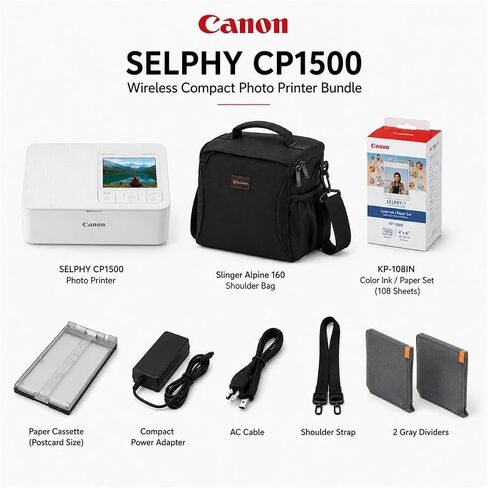 Canon SELPHY CP1500 Wireless Printer with KP-108IN Ink, Paper & Bag (White) | Complete Photo Printing Bundle with, Shoulder, Power Adapter, Cassette and AC Cable in Kuwait