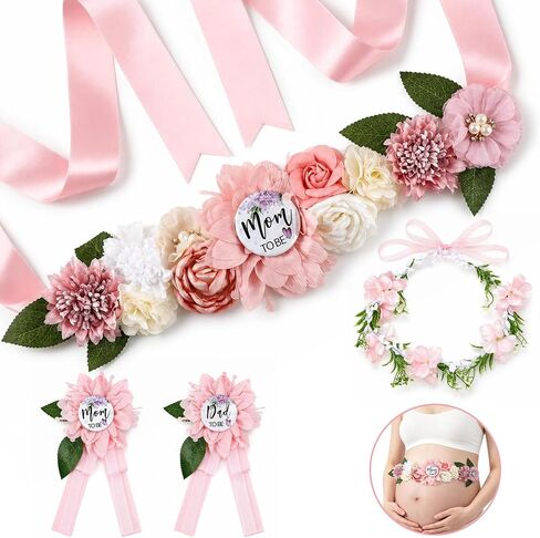 Floral Maternity Sash, Pink Mom to Be Sash for Mommy, Matching Dad to Be Pin Corsage, Baby Shower Sashes for Couple, Ideal Keepsake Gift for Pregnancy Gender Reveal Party in Kuwait