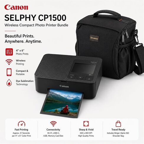 Canon SELPHY CP1500 Wireless Printer with KP-108IN Ink, Paper & Bag (Black) | Complete Photo Printing Bundle with, Shoulder, Power Adapter, Cassette and AC Cable in Kuwait