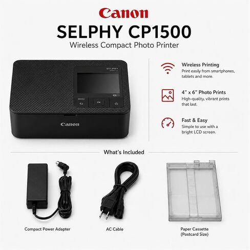 Canon SELPHY CP1500 Wireless Printer with KP-108IN Ink, Paper & Bag (Black) | Complete Photo Printing Bundle with, Shoulder, Power Adapter, Cassette and AC Cable in Kuwait