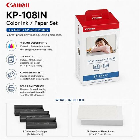 Canon SELPHY CP1500 Wireless Printer with KP-108IN Ink, Paper & Bag (Black) | Complete Photo Printing Bundle with, Shoulder, Power Adapter, Cassette and AC Cable in Kuwait