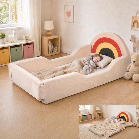 Toddler Bed with Mattress Included, Rainbow Toddler Floor Beds No Assembly Needed, Soft Foam Kids Floor Bed with Fold-Down Rails, No Wood Frame Safety Floor Beds for Boys and Girls Aged 2-8 Years in Kuwait
