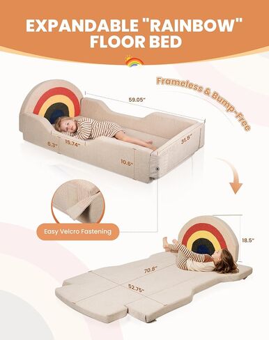 Toddler Bed with Mattress Included, Rainbow Toddler Floor Beds No Assembly Needed, Soft Foam Kids Floor Bed with Fold-Down Rails, No Wood Frame Safety Floor Beds for Boys and Girls Aged 2-8 Years in Kuwait