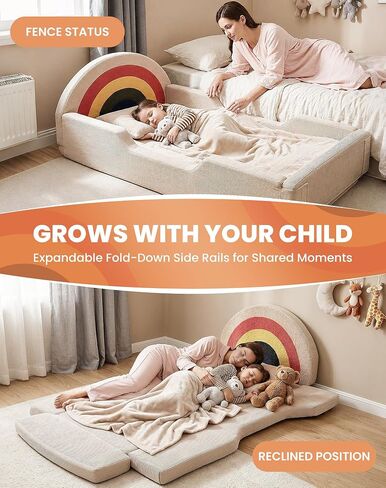 Toddler Bed with Mattress Included, Rainbow Toddler Floor Beds No Assembly Needed, Soft Foam Kids Floor Bed with Fold-Down Rails, No Wood Frame Safety Floor Beds for Boys and Girls Aged 2-8 Years in Kuwait