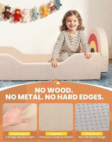 Toddler Bed with Mattress Included, Rainbow Toddler Floor Beds No Assembly Needed, Soft Foam Kids Floor Bed with Fold-Down Rails, No Wood Frame Safety Floor Beds for Boys and Girls Aged 2-8 Years in Kuwait