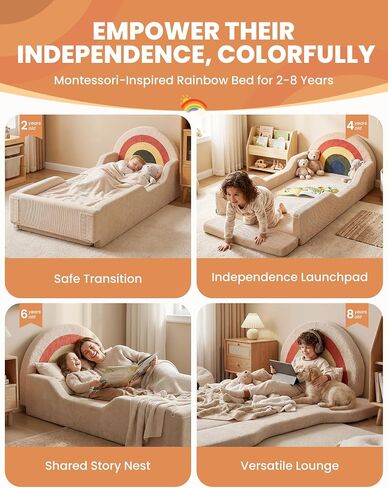 Toddler Bed with Mattress Included, Rainbow Toddler Floor Beds No Assembly Needed, Soft Foam Kids Floor Bed with Fold-Down Rails, No Wood Frame Safety Floor Beds for Boys and Girls Aged 2-8 Years in Kuwait