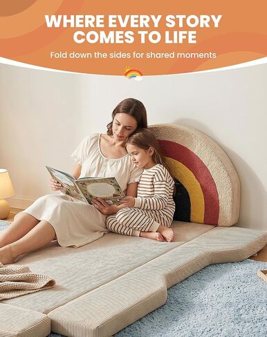 Toddler Bed with Mattress Included, Rainbow Toddler Floor Beds No Assembly Needed, Soft Foam Kids Floor Bed with Fold-Down Rails, No Wood Frame Safety Floor Beds for Boys and Girls Aged 2-8 Years in Kuwait
