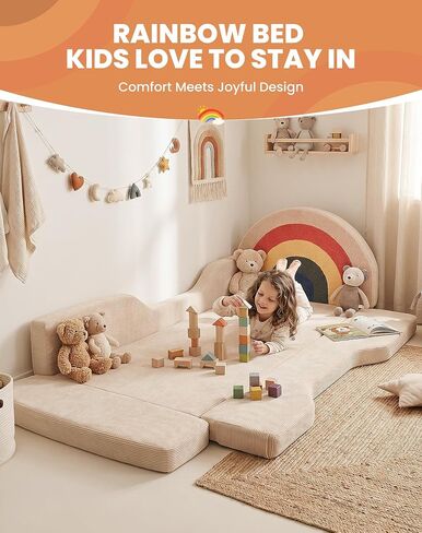 Toddler Bed with Mattress Included, Rainbow Toddler Floor Beds No Assembly Needed, Soft Foam Kids Floor Bed with Fold-Down Rails, No Wood Frame Safety Floor Beds for Boys and Girls Aged 2-8 Years in Kuwait