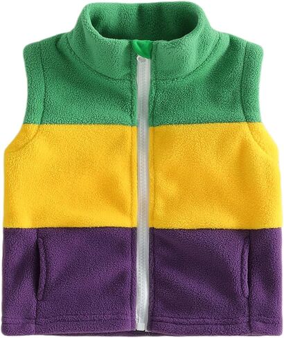 Toddler Baby Boy Fleece Vest Sleeveless Purple Yellow Green Zip Up Jacket Coat Cute Mardi Gras Outfit in Kuwait