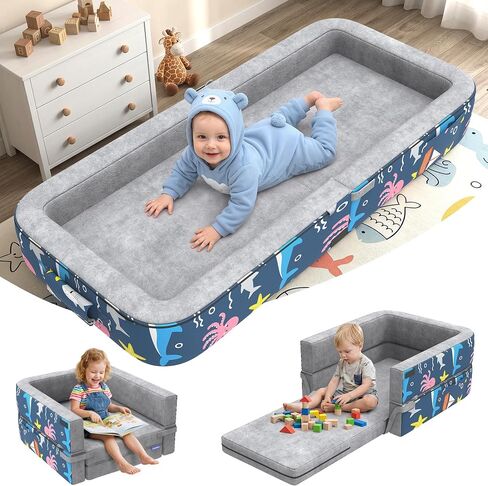 Toddler Travel Bed, 3-in-1 Portable Toddler Floor Bed for Kid, Foldable Kid Floor Beds for Travel/Home, Convertible Sofa to Lounger for Kids with 35D High-Density Foam & Washable Cover, Ocean Grey in Kuwait