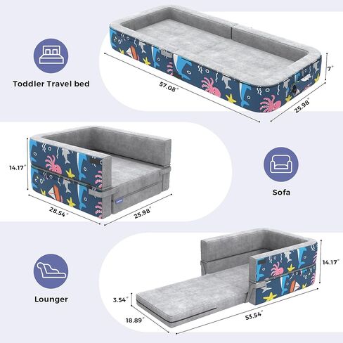 Toddler Travel Bed, 3-in-1 Portable Toddler Floor Bed for Kid, Foldable Kid Floor Beds for Travel/Home, Convertible Sofa to Lounger for Kids with 35D High-Density Foam & Washable Cover, Ocean Grey in Kuwait