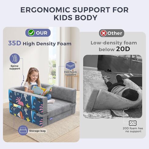 Toddler Travel Bed, 3-in-1 Portable Toddler Floor Bed for Kid, Foldable Kid Floor Beds for Travel/Home, Convertible Sofa to Lounger for Kids with 35D High-Density Foam & Washable Cover, Ocean Grey in Kuwait
