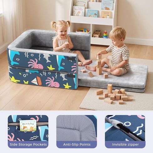 Toddler Travel Bed, 3-in-1 Portable Toddler Floor Bed for Kid, Foldable Kid Floor Beds for Travel/Home, Convertible Sofa to Lounger for Kids with 35D High-Density Foam & Washable Cover, Ocean Grey in Kuwait