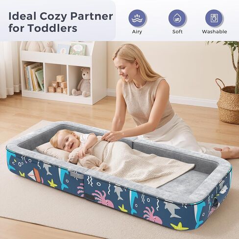 Toddler Travel Bed, 3-in-1 Portable Toddler Floor Bed for Kid, Foldable Kid Floor Beds for Travel/Home, Convertible Sofa to Lounger for Kids with 35D High-Density Foam & Washable Cover, Ocean Grey in Kuwait