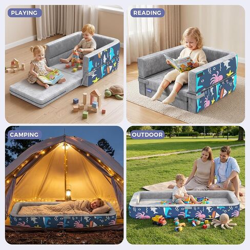 Toddler Travel Bed, 3-in-1 Portable Toddler Floor Bed for Kid, Foldable Kid Floor Beds for Travel/Home, Convertible Sofa to Lounger for Kids with 35D High-Density Foam & Washable Cover, Ocean Grey in Kuwait