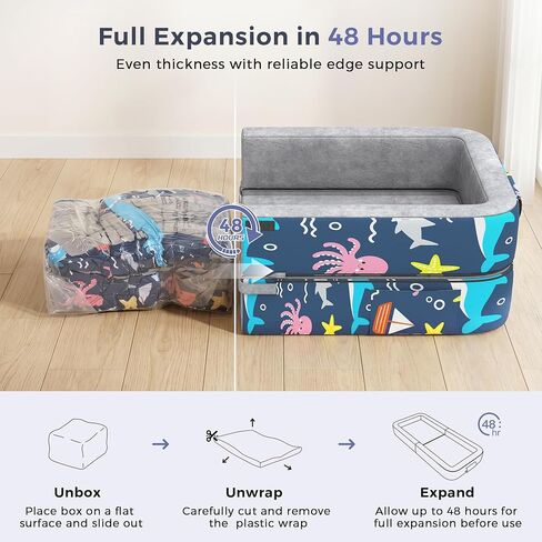 Toddler Travel Bed, 3-in-1 Portable Toddler Floor Bed for Kid, Foldable Kid Floor Beds for Travel/Home, Convertible Sofa to Lounger for Kids with 35D High-Density Foam & Washable Cover, Ocean Grey in Kuwait