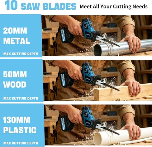21V Cordless Reciprocating Saw, Electric Saw with 2 x 4.0Ah Battery and Charger, Recip Saw with 10 Saw Blades & LED Light, Power Reciprocating Saws for PVC Wood, Metal Cutting DIY in Kuwait