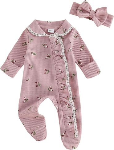 Newborn Baby Girl Clothes Lace Waffle Floral Footed Romper Jumpsuit | Long Sleeve Jumpsuit, Newborn Going Come From Hospital Outfit, Zipper Footie Romper, Fall Winter Clothes, Infant One Piece in Kuwait