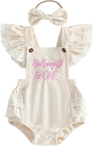 Half Birthday Outfit Baby Girl Lace Fly Sleeve Romper Headband | 1/2 Birthday Girl Outfit, Half Way to One Baby Girl Outfit, 1/2 Flamingo/Goose Embroidery Bodysuit, Cake Smash Outfit in Kuwait