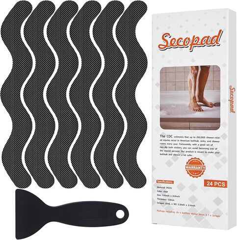 Secopad Patented Anti Slip Shower Stickers, 24PCS Adhesive Decals Safety Strips with Scraper for Bath Tub, Shower Floor, Stairs, Clear, 0.8"*8" in Kuwait