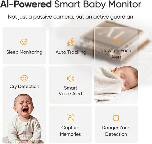 Monai Nest Portable for Travel Smart Baby Monitor with Crib Mount & Battery | AI Baby Camera, WiFi, Wireless, Night Vision, Rechargeable, Cry/Wake/Covered-Face, App Alerts and Notifications, 2-Way Audio in Kuwait