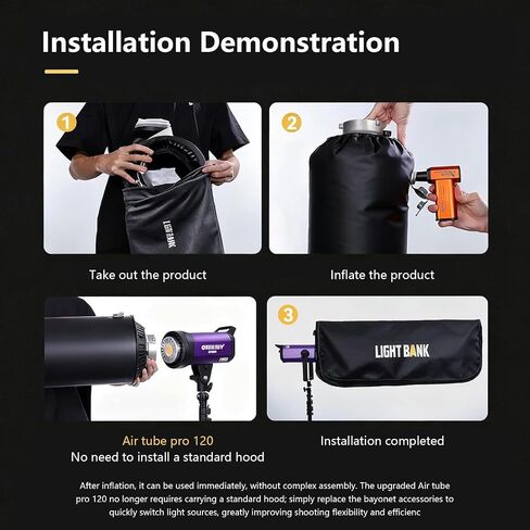 Air Tube Pro 120 Inflatable Modifier for Monolights with Fresnel Lens, 360° Adjustable, 210° Ultra-Wide Softbox for Bowens Mount Flash & 500W LED Pocket-Sized Light Tube Soft Box in Kuwait