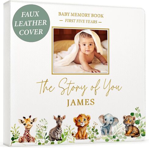 PERSONALIZED Baby Book – Baby Memory Book Keepsake for Boy or Girl I First 5 Year I Faux Leather, Gender Neutral, Safari Theme w/Gold Foil Stamp - Baby First Year Book Scrapbook Photo Album Shower in Kuwait