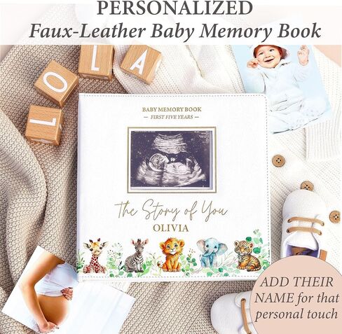 PERSONALIZED Baby Book – Baby Memory Book Keepsake for Boy or Girl I First 5 Year I Faux Leather, Gender Neutral, Safari Theme w/Gold Foil Stamp - Baby First Year Book Scrapbook Photo Album Shower in Kuwait