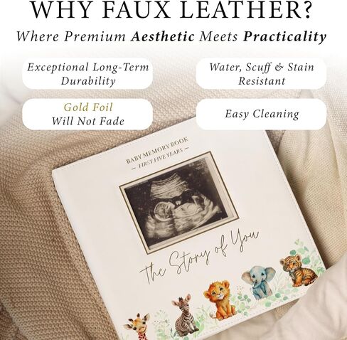 PERSONALIZED Baby Book – Baby Memory Book Keepsake for Boy or Girl I First 5 Year I Faux Leather, Gender Neutral, Safari Theme w/Gold Foil Stamp - Baby First Year Book Scrapbook Photo Album Shower in Kuwait