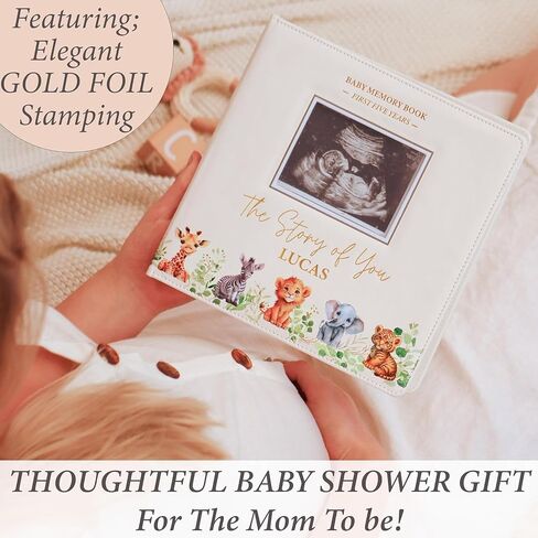 PERSONALIZED Baby Book – Baby Memory Book Keepsake for Boy or Girl I First 5 Year I Faux Leather, Gender Neutral, Safari Theme w/Gold Foil Stamp - Baby First Year Book Scrapbook Photo Album Shower in Kuwait