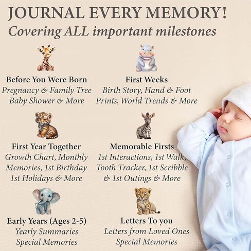 PERSONALIZED Baby Book – Baby Memory Book Keepsake for Boy or Girl I First 5 Year I Faux Leather, Gender Neutral, Safari Theme w/Gold Foil Stamp - Baby First Year Book Scrapbook Photo Album Shower in Kuwait