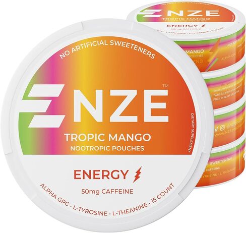 NZE Caffeine Nootropic Pouches (Peppermint) - Energy Pouches with 50mg Caffeine, Alpha GPC, L-Tyrosine & L-Theanine with No Sugar or Artificial Sweeteners - 15 Nicotine Free Pouches Per Can - 5 Pack in Kuwait