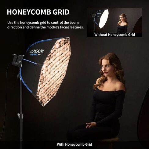 Sokani 23.6"/60cm Octagonal Softbox, Bowens Mount with Honeycomb Grid | Quick Release, Light Diffuser Modifier with Carry Bag, for Bowens Mount COB Lights, for Photography, Videography in Kuwait
