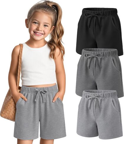 Yooo's Vivi 3 Pack Toddler Girls' Shorts Loose Knee Length Sweat Shorts Baby Kids Causal Summer Clothes with Pockets in Kuwait
