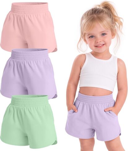 3 Pack Toddler Girls' Athletic Short with Liner 2 in 1 Kids Quick Dry Mid Waist Elastic Soccer Back to School Short in Kuwait