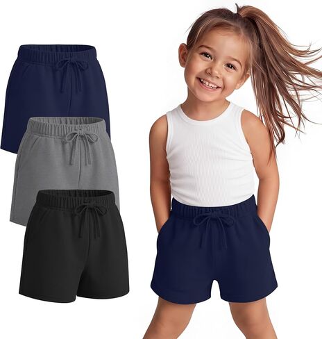 3 Pack Toddler Girls Shorts | Infant, Baby Shorts, Soft, Stretchy, Summer, Adjustable Drawstring, with Pockets, for Daycare, Playgrounds, Park, Casual in Kuwait