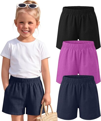 3 Pack Toddler Girls Linen Shorts Casual Pull on Pants Elastic Waist Basic Summer Baby Kids Shorts with Pockets in Saudi Arabia