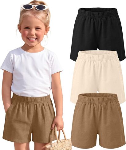 3 Pack Toddler Girls Linen Shorts | Baggy, Basic, Summer, Baby Kids Shorts, Pull On Pants, Elastic Waist, Pockets, Soft, Lightweight, School, Playwear in Kuwait