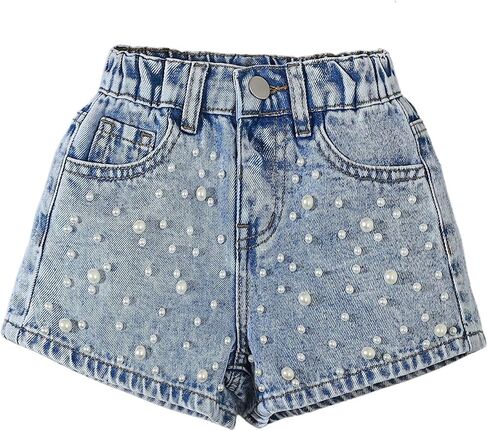 MakeMeChic Toddler Baby Girl's Summer Pearl Beaded Denim Mini Shorts | Baggy, Y2K, Cute Jean Shorts in Kuwait