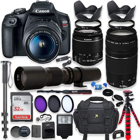 Canon EOS Rebel T7 DSLR Camera Bundle with 18-55mm IS II, EF 75-300mm III, and 500mm Preset Lens, 32GB Memory and Accessories (Renewed) in Kuwait