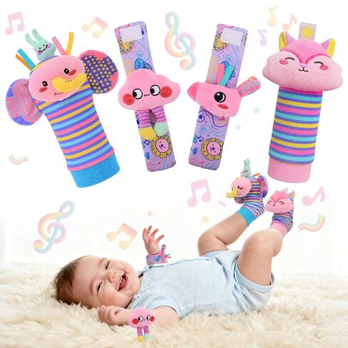 Baby Toys 0-6 Months, Rattle Socks and Wrist Sensory Toys for Infants, Socks and Foot Finder Set with Sound for Babies 6-12 Months, 0-12 Months Newborn Essentials Toy, Baby Girl Shower Gifts - Pink in Kuwait