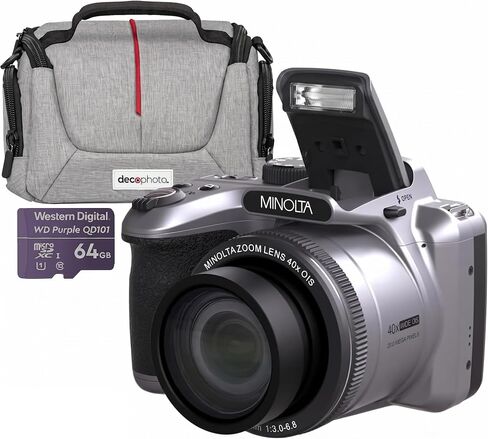 Minolta MN40Z-S 20 MP / 1080P FHD Bridge Camera w/40x Optical Zoom (Silver) Bundle with Deco Photo Camera Bag for DSLR and Mirrorless Cameras and Western Digital Purple 64GB microSD Card in Kuwait