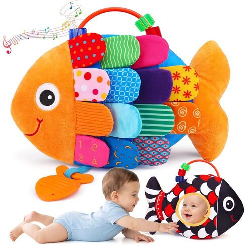 Baby Sensory Toys 0-6 Months Music Tummy Time Flip Fish Toys for Infant 2 3 4 5 6 Month with Mirror Crinkle Rattle Teether for 0-3-6-12 Months High Contrast Baby Toys for Newborn Girl Boy Shower Gifts in Kuwait