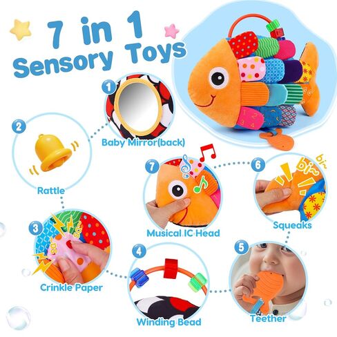 Baby Sensory Toys 0-6 Months Music Tummy Time Flip Fish Toys for Infant 2 3 4 5 6 Month with Mirror Crinkle Rattle Teether for 0-3-6-12 Months High Contrast Baby Toys for Newborn Girl Boy Shower Gifts in Kuwait